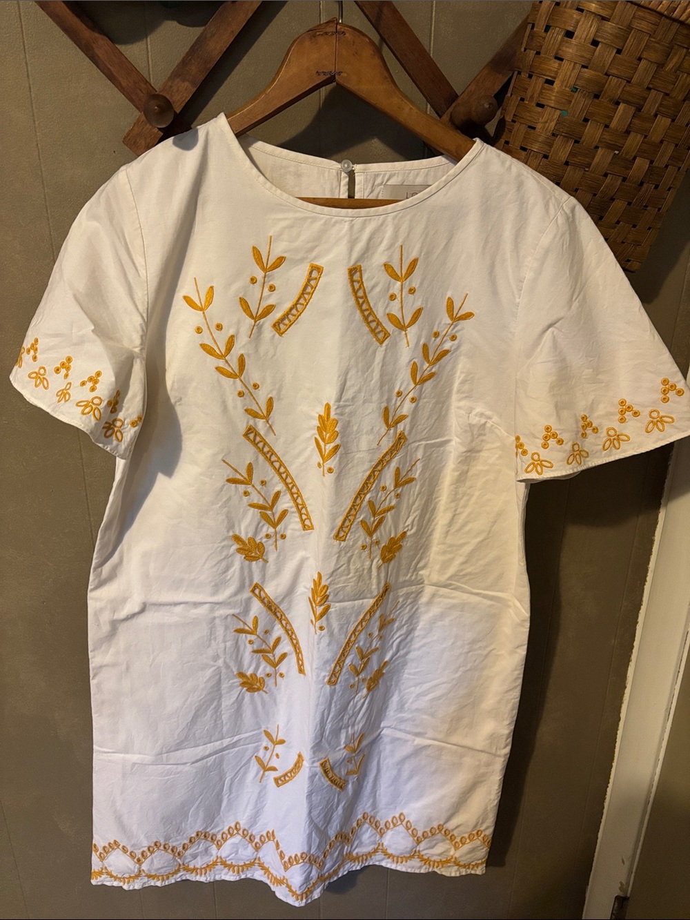 LOFT White Shift Dress with Yellow Embroidered Floral Motif